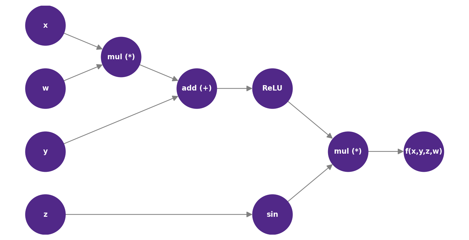A flow diagram showing input variables x, w, y, z at the left, flowing through mathematical operation nodes like multiplication (mul), addition (add), ReLU, and sine, finally terminating at a node labeled f(x,y,z), representing the output of a function.